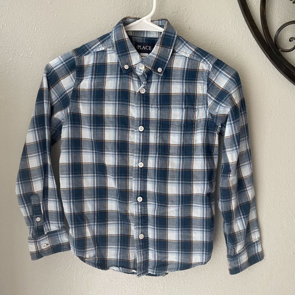 Blue & White Plaid‎ Long-Sleeve Button-Up Shirt By Place Size M 7/8 Boys
